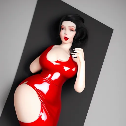 Prompt: a curvy feminine pale cutie in a red-black latex tight tube-top dress, with a thin waist, black rubber stockings, polished, sequins, pleats, cgsociety, photorealistic, sublime-comfy-elegant ambience, 16k, smooth, sharp focus, trending on ArtStation, volumetric lighting, fully clothed, worksafe