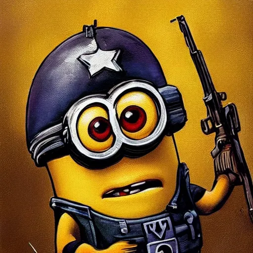 Image similar to a beautiful complex painting of a minion dressed as a soldier in world war ii the minion is shooting his gun