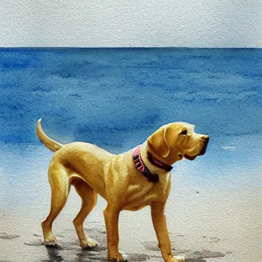 Prompt: A watercolor painting of a yellow Labrador retriever playing by the shore, by Maciej Kuciara, Award Winning, trending on Artstation