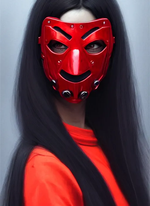 Image similar to portrait of long black hair girl within a red steel mask and streetwear. cynical face, concept art, cyberpunk illustration, intricate, highly detailed 8 k, smooth, matte, sharp focus, rim light, beautiful and aesthetic shape of face and body, artgerm, artstation, art by gharliera and rinotuna and junpei