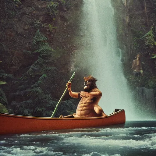 Image similar to a sasquatch in a canoe going over a waterfall