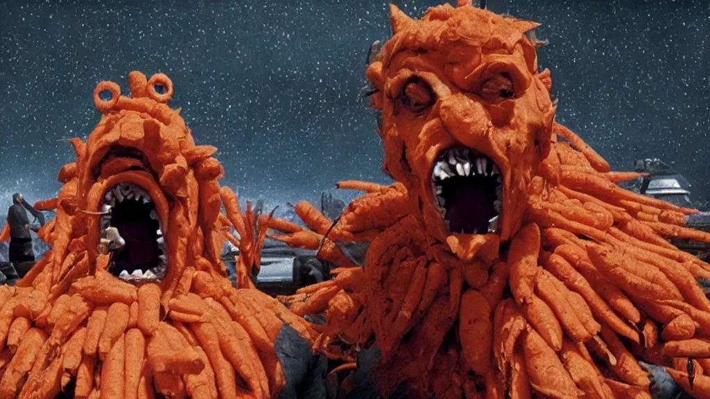 Image similar to giant monster made of carrots and sharp teeth eating people, star trek, film still from a movie directed by Denis Villeneuve with art direction by Salvador Dalí, wide lens