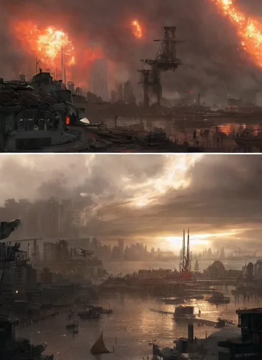 Image similar to hyper realistic giant fluffy caracal attacking city harbor explosions, atmospheric beautiful details, strong composition painted by kim jung giu weta studio rutkowski, james gurney and greg rutkowski, and lucasfilm