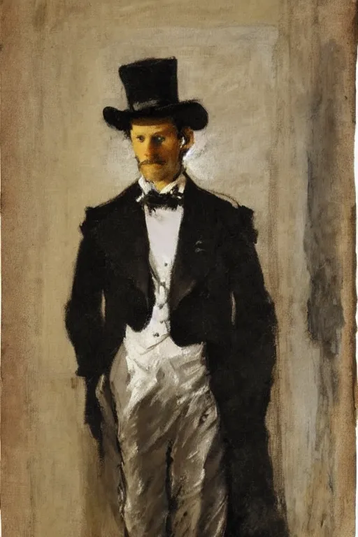 Prompt: portrait of alexander skarsgard as a gentleman wearing an edwardian suit and top hat by walter sickert, john singer sargent, and william open