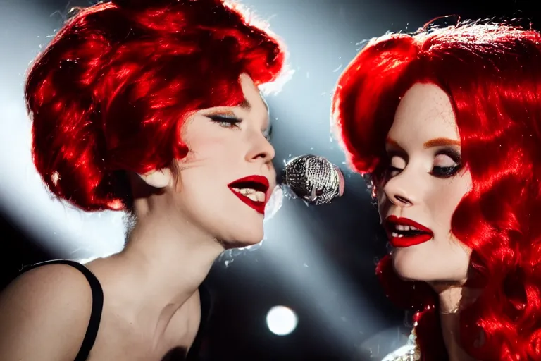 Image similar to movie scene portrait closeup, red hair, red sequin dress, real life jessica rabbit singing beautifully on stage, stage lighting by emmanuel lubezki