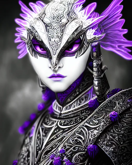 Image similar to Detailed portrait of the strangest angel, black and white armor, unique design, by Yun Taek Oh, fine details, pretty face, beautiful violet eyes, inside a palace, perfect, colorful background, 8k high detail, intricate, sharp focus, masterpiece, trending on artstation