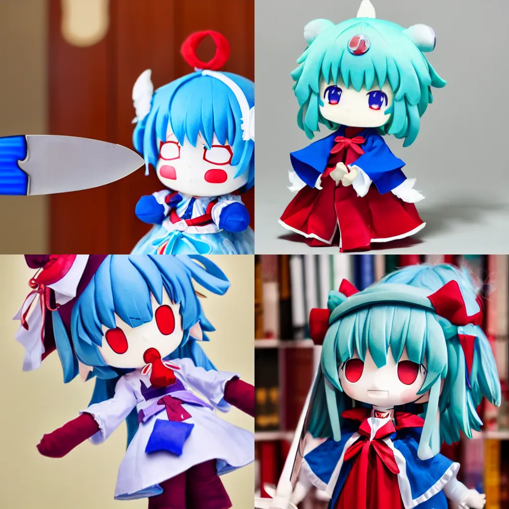 Prompt: long shot photo of touhou cirno fumo plush holding a knife, dim dreary lighting, staring at camera