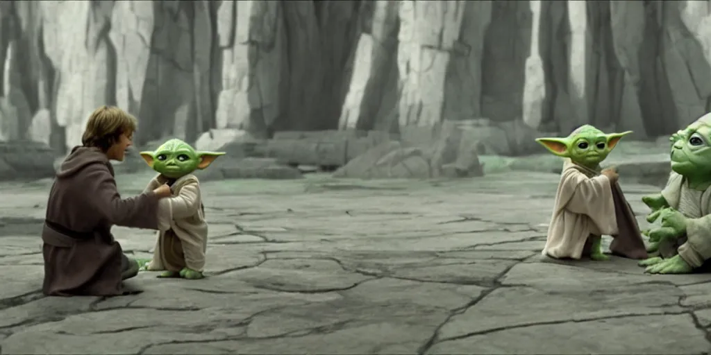 Image similar to Luke Skywalker teaches baby yoda at Jedi Temple scene from the last jedi, 2022, film by Stanley Kubrick, serene, iconic scene, stunning cinematography, hyper detailed, sharp, anamorphic lenses, kodak color film