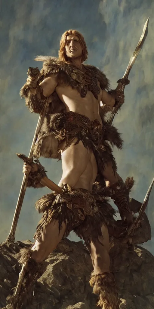 Image similar to a young kirk douglas as a barbarian, beautiful fantasy maiden, dungeons and dragons, masterpiece by edgar maxence and ross tran and michael whelan, gustav dore, 8 k, octane render