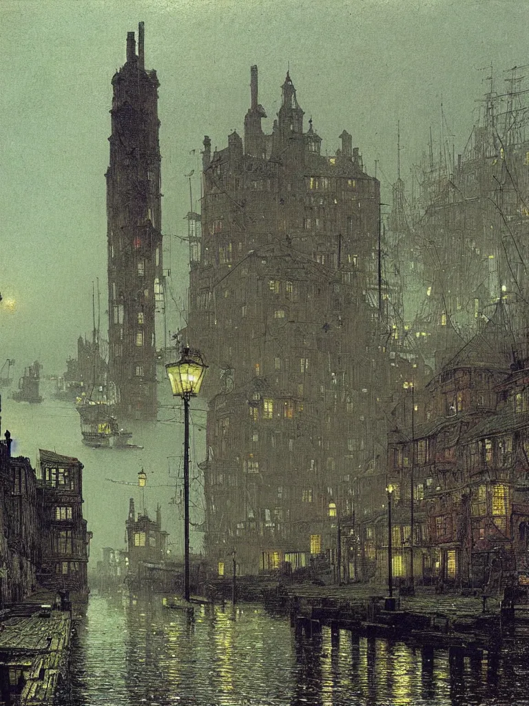 Prompt: docks in an old town by john atkinson grimshaw