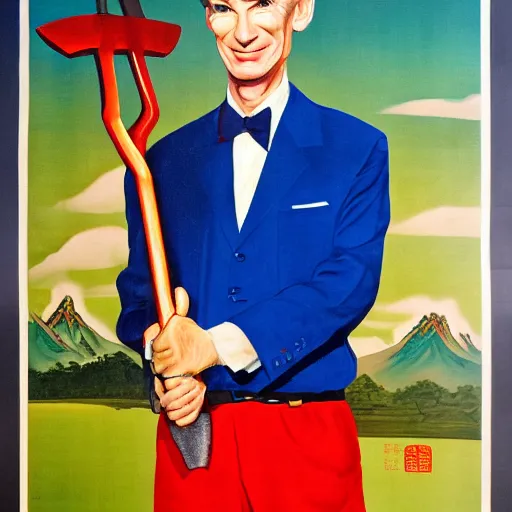 Prompt: chinese propaganda poster of bill nye holding a pickaxe, oil painting