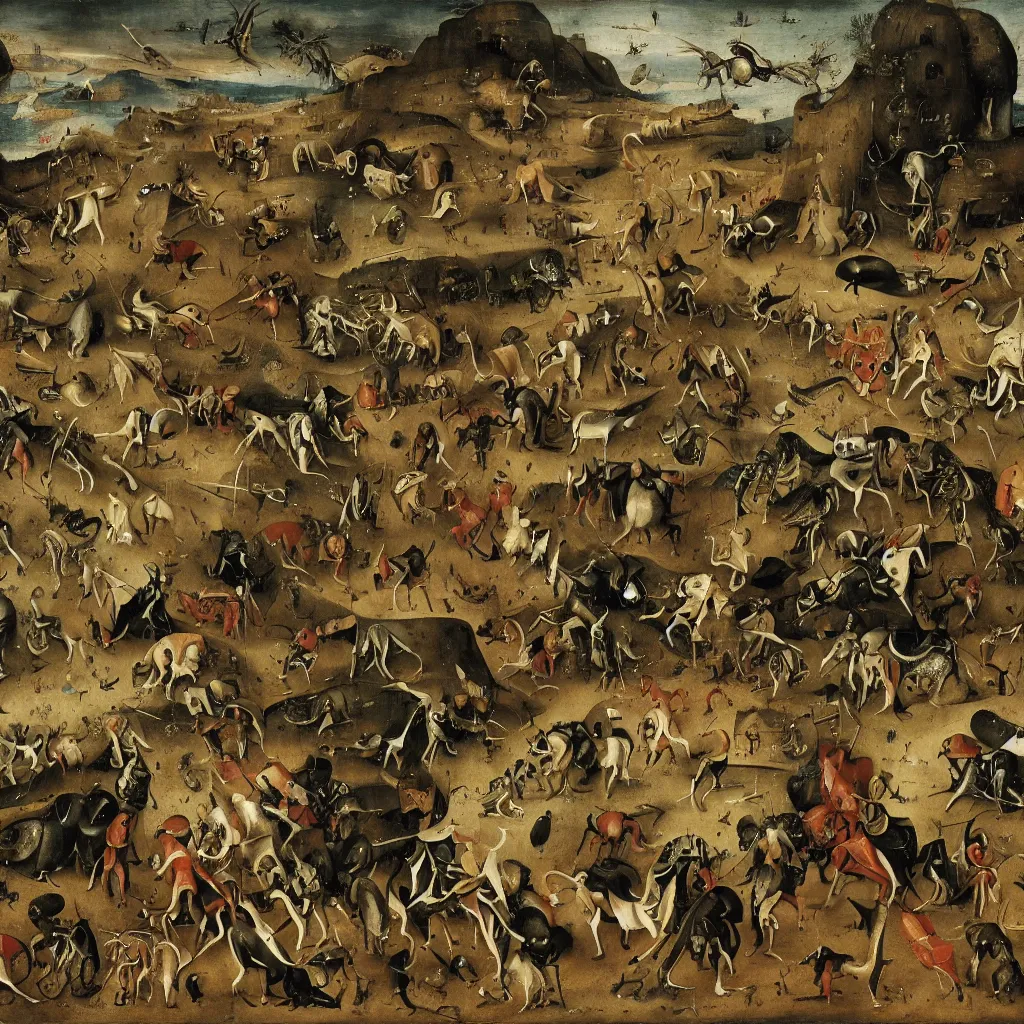 Prompt: xv century painting, boston dynamics robots fighting with giant insects, epic battlescene, 4 k, detailed, art by hieronymus bosch