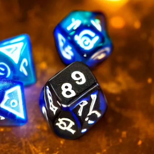 Image similar to dungeon and dragons dice with glowing runes, realistic photography, high detailed