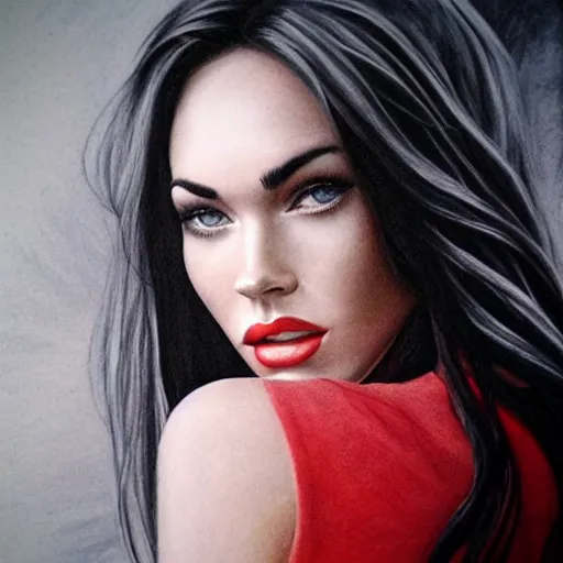 Image similar to “Beautiful Megan Fox Red pencil paintings, only red and white colors, ultra detailed portrait, 4k resolution”