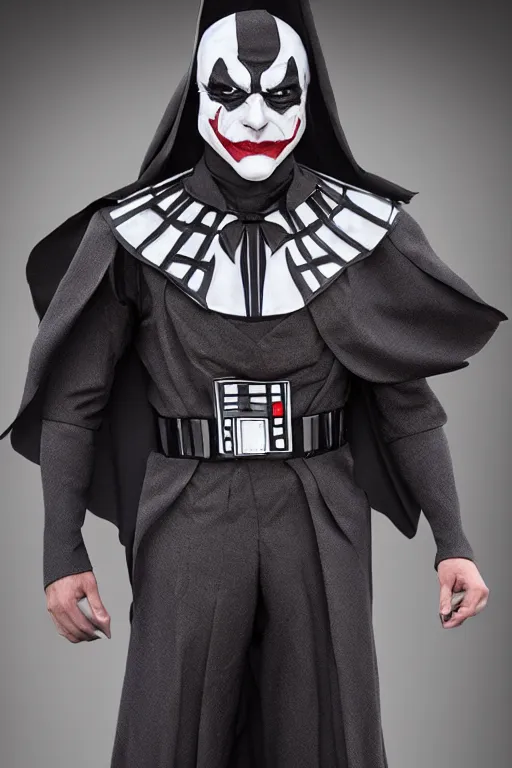 Prompt: Joker dressed in vader's armor suit, cosplay, full character, highly detailed, highly realistic