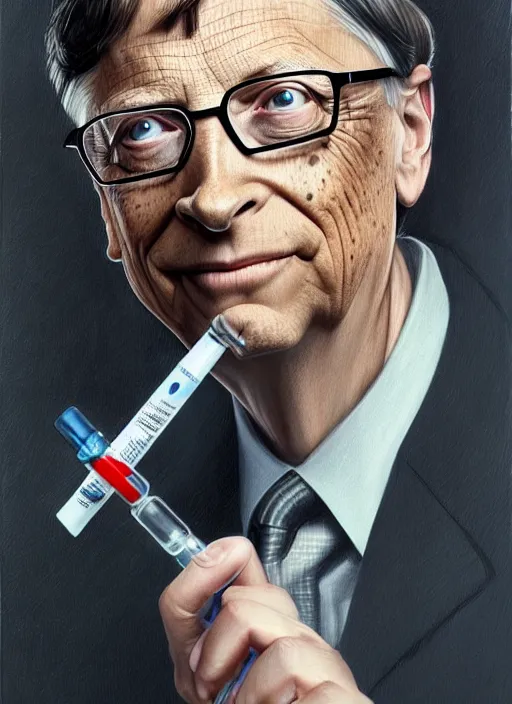 Prompt: bill gates with reptile eyes!!!, vertical reptile pupil!!!, lizard skin!!!, holding a syringe!!, portrait, intricate, elegant, highly detailed, digital painting, artstation, concept art, wallpaper, smooth, sharp focus, illustration, art by artgerm and greg rutkowski and alphonse mucha