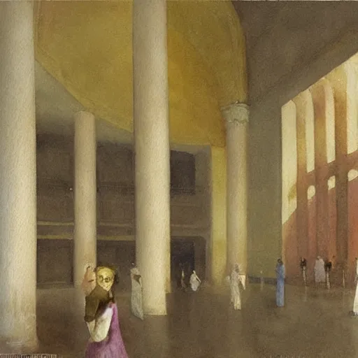 Prompt: a procession of women in an abandoned ivory and gold soviet temple, watercolor by ivan biblin, by hammershøi, art noveau, highly detailed, lights by edward hopper, liminal, eerie, bright pastel colors