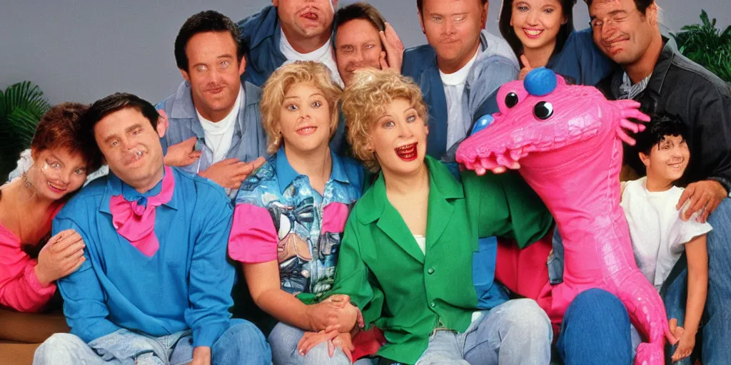 Prompt: 1 9 9 0 s sitcom about a bubble gum alligator who lives with a family, tv, reality show, vhs, funny comedy, 1 9 9 0 s television,