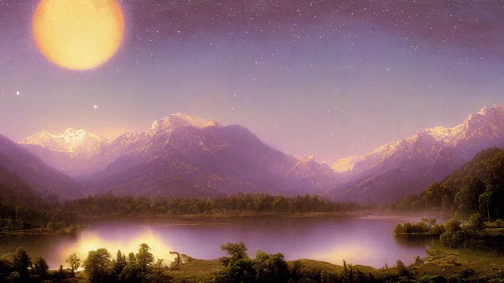 Image similar to Panoramic painting where the mountains are towering over the valley below their peaks shrouded in mist. The moon is just peeking over the horizon and the purple sky is covered with stars and clouds. The river is winding its way through the valley and the trees are blue and pink, by Thomas Kincade