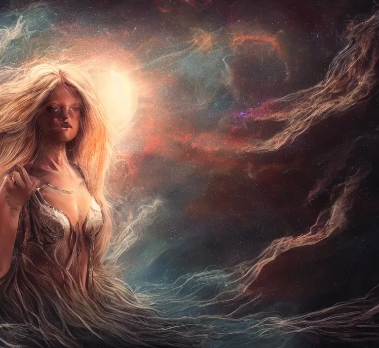 Image similar to beautiful celestial woman with long hair wrapping downward around earth seen for space, hyper-detailed, smooth, sharp focus, depth map, digital painting, apocalyptic art, fantasy dark art, 4k ultra hd, cinematic