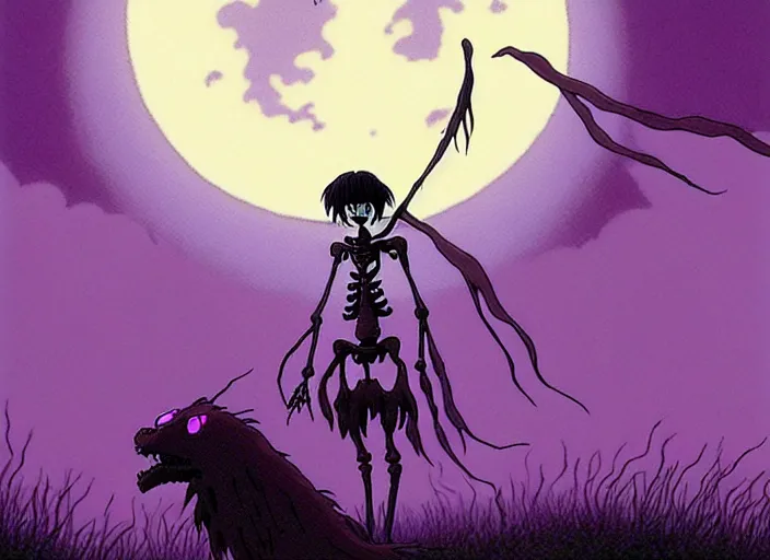 Image similar to a still from a studio ghibli movie of a purple cloaked skeleton necromancer from princess mononoke ( 1 9 9 7 ), in front of a pale full moon, full body, wide shot, very dull muted colors, studio ghibli, highly detailed, deviantart, art by artgem