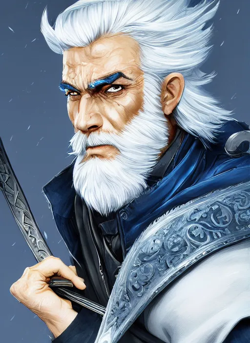 Image similar to a highly detailed illustration of furious short slick back white haired man wearing dark blue coat, bright blue eyes, heroic dramatic wielding katana pose, intricate, elegant, highly detailed, centered, digital painting, artstation, concept art, smooth, sharp focus, league of legends concept art, wlop