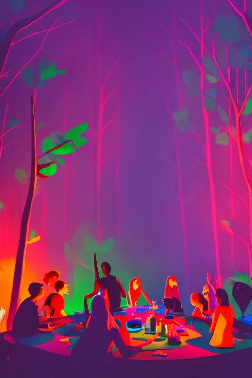Prompt: scene from a party with 1 0 people in the forest, vibrant colours, beautiful, digital art, winning award masterpiece, cinematic lighting, trending on artstation, 8 k