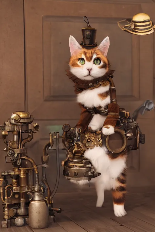 Image similar to A cute Steampunk calico cat, unreal engine, octane render