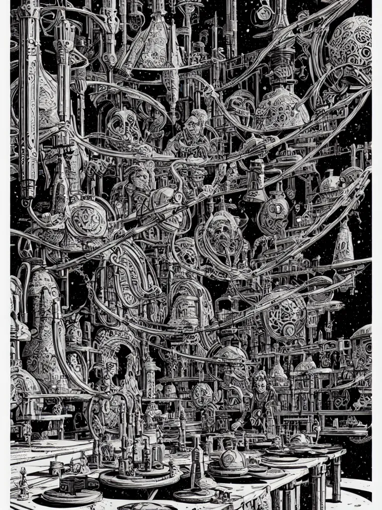 Image similar to ancient alchemist wizards laboratory, high details, lineart, by vincent di fate, inking, 3 color screen print, masterpiece, trending on artstation, sharp, high contrast, hyper - detailed, hd, 4 k, 8 k