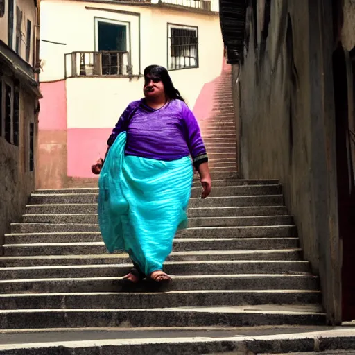 Image similar to an obese Indian woman holding a rollator climbing steps in Porto