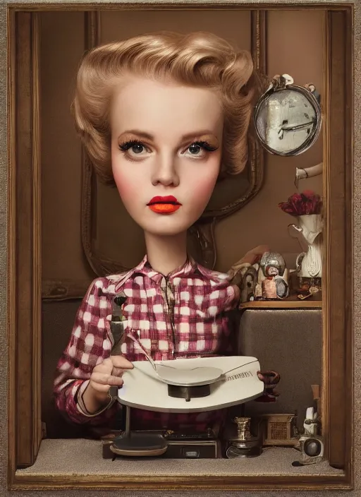 Image similar to closeup portrait of a retro 1 9 5 0 s living room, depth of field, zeiss lens, detailed, symmetrical, centered, fashion photoshoot, by nicoletta ceccoli, mark ryden, lostfish, breathtaking, 8 k resolution, extremely detailed, beautiful, establishing shot, artistic, hyperrealistic, octane render