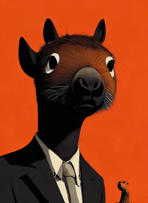 Image similar to highly detailed closeup portrait of an anthropomorphic capybara!, black formal suit by atey ghailan, by greg rutkowski, by greg tocchini, by james gilleard, by joe fenton, by kaethe butcher, gradient orange, black and white color scheme, grunge aesthetic!!! ( ( graffiti tag wall background ) )