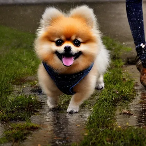 Prompt: a pomeranian dog in rain boots, he is smiling, wildlife photograph, award-winning, national geographic