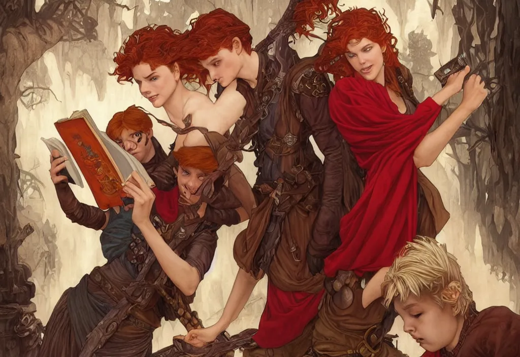 Prompt: an epic fantasy comic book style painting of a young red headed girl with a book in one arm meeting a young boy thief with blonde wearing plain brown leather thief clothes, d & d, fantasy, intricate, elegant, highly detailed, digital painting, artstation, concept art, matte, sharp focus, illustration, art by artgerm and greg rutkowski and alphonse mucha