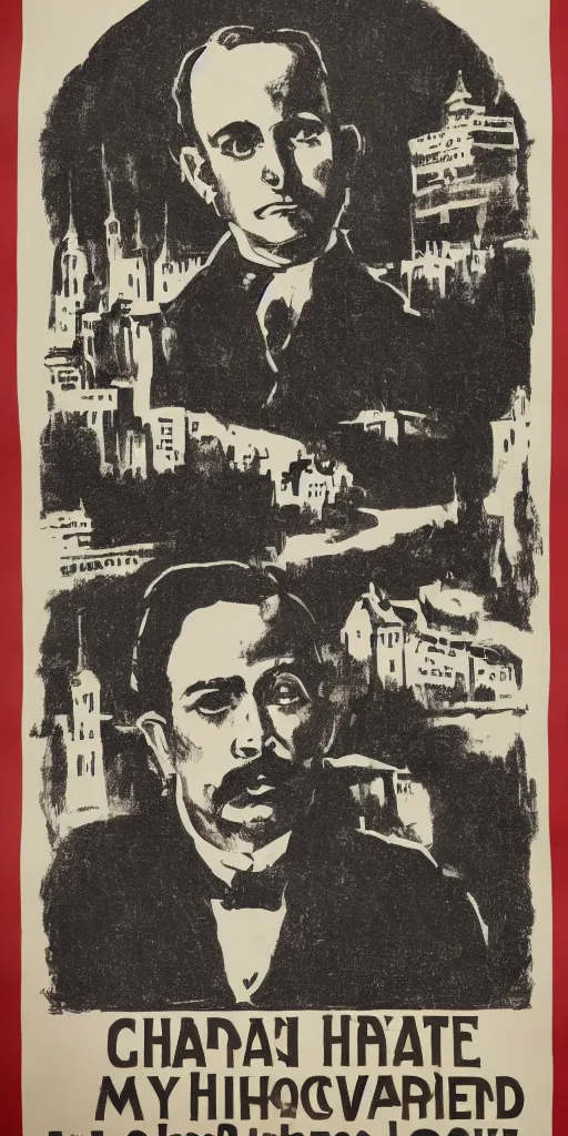 Image similar to 1 9 0 8 capitalism propaganda poster, black and white engraving on antique yellowed paper, with red ink used for emphasis, eastern european look, serious face of leader in the middle of poster, with intricate imagery of buildings and factories and laborers in the background