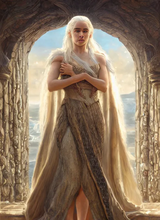 Image similar to cinematic portrait painting daenerys targaryen in fantastic dress aside dragon, royally decorated crystal gemstones incrustations, medium shot, clear symmetrical face enhancement, by lawrence alma - tadema, jaime jones, greg rutkowski, volumetric lights, deviantart contest winner, artstation, fantasy art, highly detailed, golden ratio, smooth, sharp focus