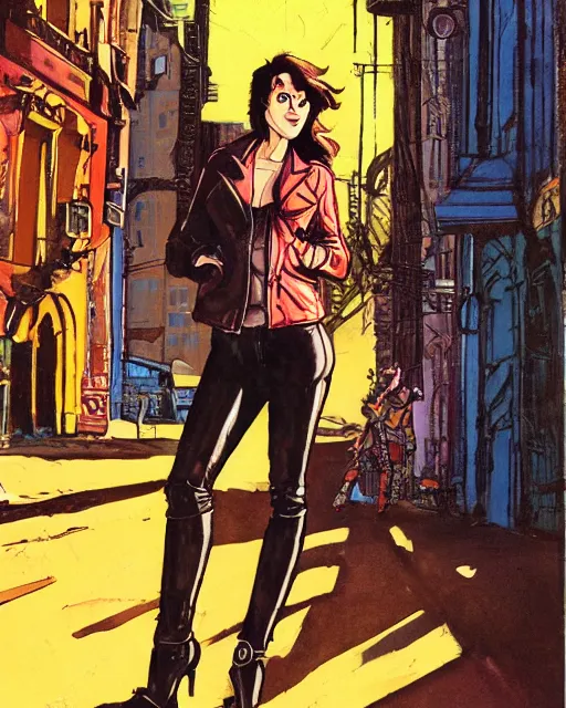 Image similar to young female protagonist in leather jacket, city street, artwork by ralph bakshi