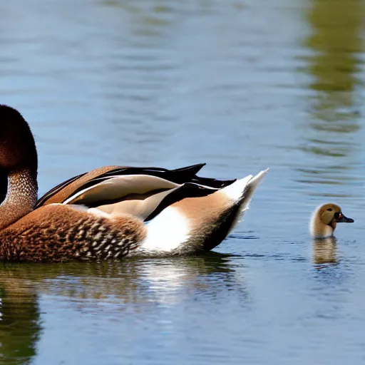 Image similar to a crossbreed of wild duck and a swan, with chicks, photo