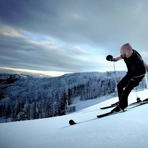 Image similar to jason statham skiing, full body shot, cinematic lighting, studio quality