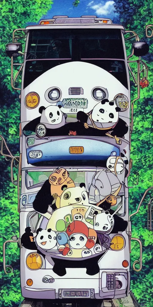 Image similar to a panda bus in like totoro, 1990s anime, full color, tarot card the chariot, highly detailed ,