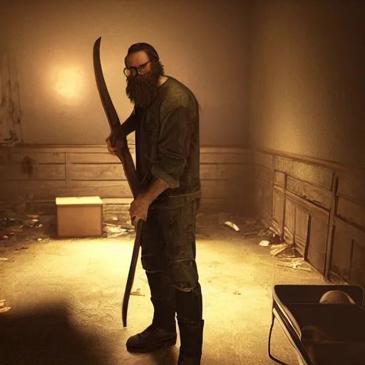 Prompt: jack baker from resident evil 7 ( 2 0 1 7 ) wielding axe, bearded, thinning hair, round glasses, cinematic lighting, eerie atmosphere, re engine render, photorealistic face