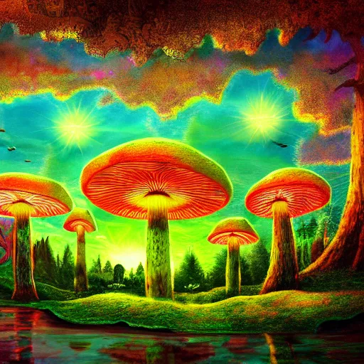 Image similar to psychedelic mushroom kingdom, dmt, landscape, river, trending on artstation, detailed, realistic, photo