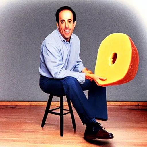 Image similar to jerry seinfeld eating a large wheel of cheese, realistic, color film,