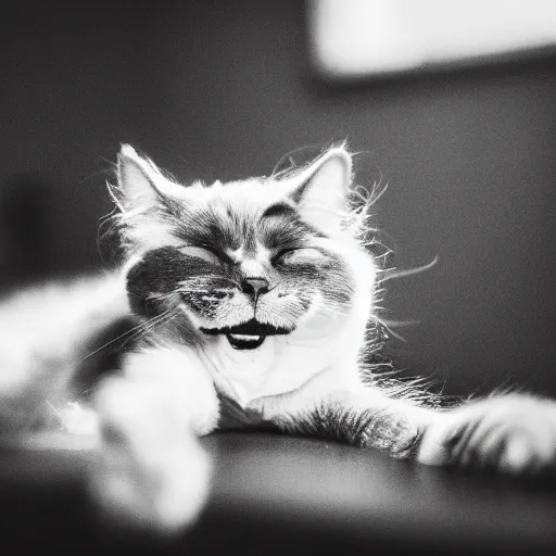 Image similar to Cat laughing hard at a joke, trending on fiverr, 40nm lens, shallow depth of field,