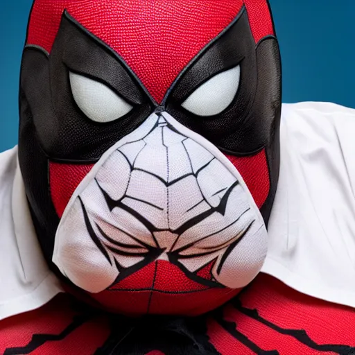 Image similar to portrait photo of old, fat spiderman with a mask doing taxes