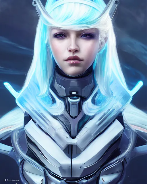 Image similar to perfect android girl on a mothership, warframe armor, beautiful face, scifi, futuristic, galaxy, nebula, raytracing, dreamy, long white hair, blue cyborg eyes, sharp focus, cinematic lighting, highly detailed, artstation, divine, by gauthier leblanc, kazuya takahashi, huifeng huang