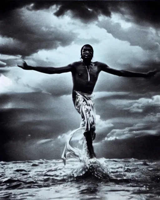 Prompt: Fela Kuti wading in a deep ocean waves, under a stormy sky, c1976, photography by Annie Liebowitz