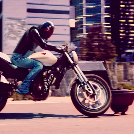 Image similar to Film still of 'Robot Future 2050'. Motorcycle chase scene. Sigma 85mm f/1.4