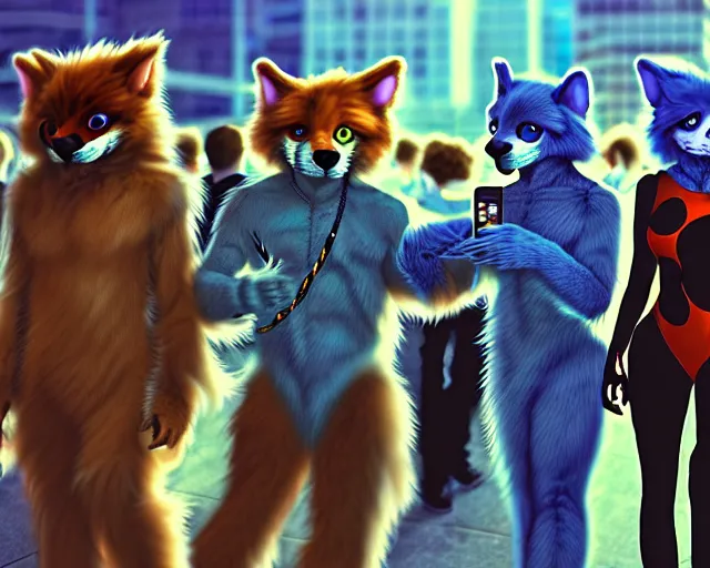 Image similar to high - resolution photograph from a nanopunk era furry fandom convention ( midwest furfest 2 0 4 7 ), taking place after the genetic revolution and singularity. photorealistic.