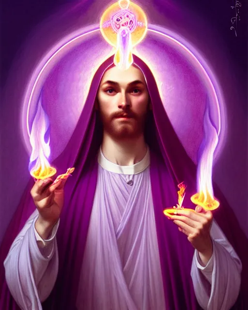 Prompt: portrait of saint germain holding a violet colored flame, purple fire, intricate, elegant, highly detailed, digital painting, artstation, concept art, smooth, sharp focus, illustration, art by artgerm and greg rutkowski and fra angelico and alphons mucha